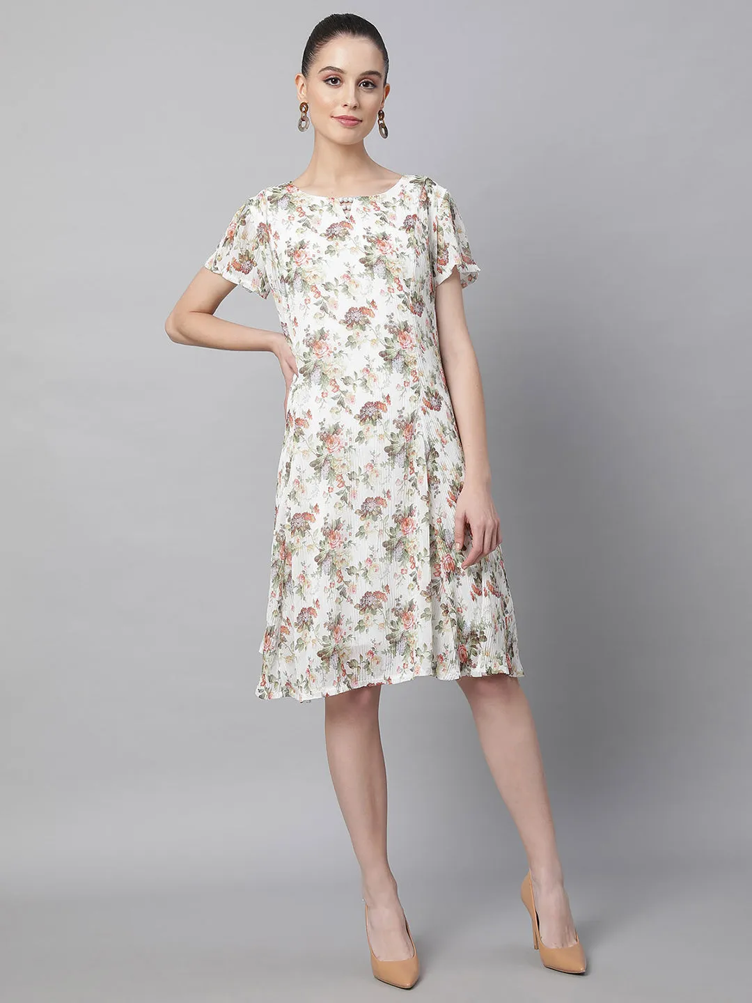 Women White Floral Printed Dress