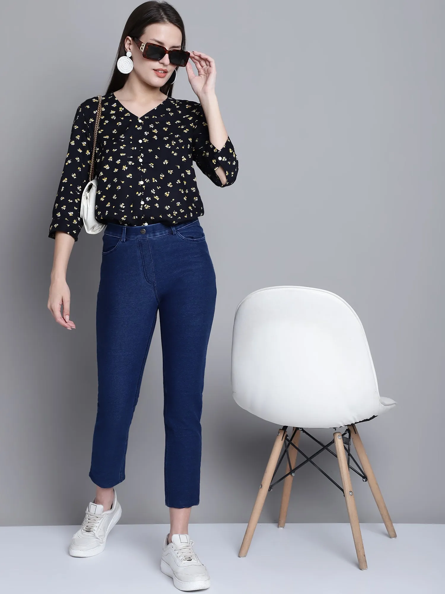 Women's Casual Regular Fit Denim Blue  Mid rise Leggings