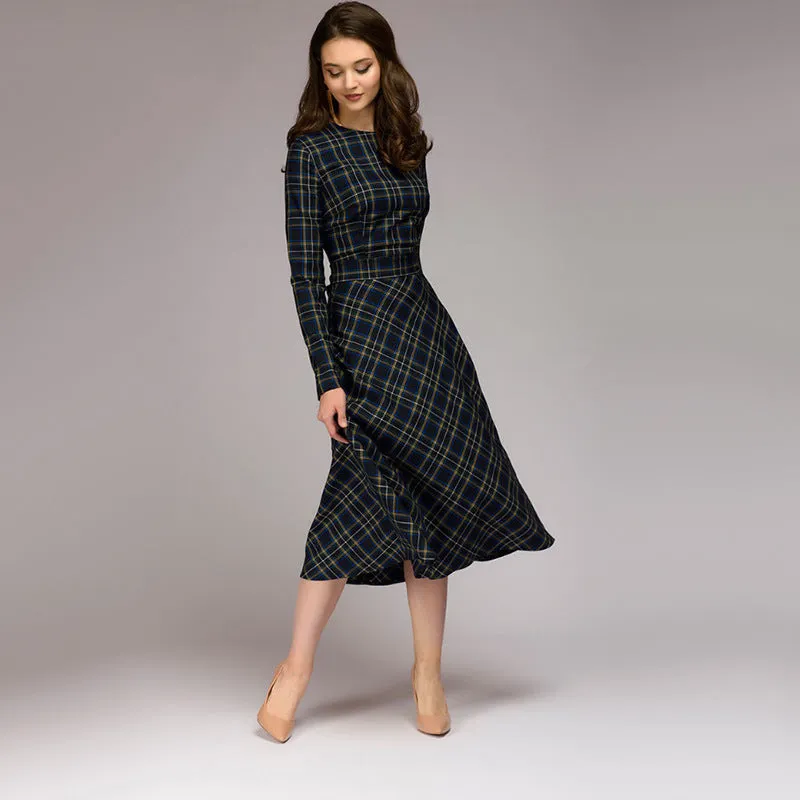 Women's Elegant Plaid Checkered Midi Dress