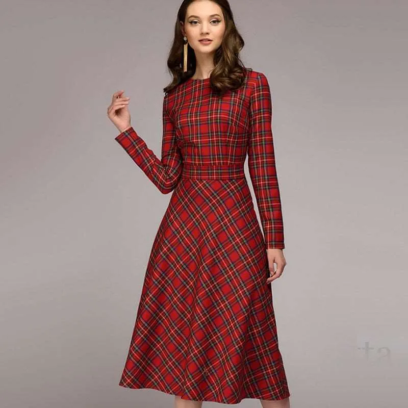 Women's Elegant Plaid Checkered Midi Dress