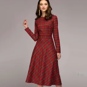 Women's Elegant Plaid Checkered Midi Dress