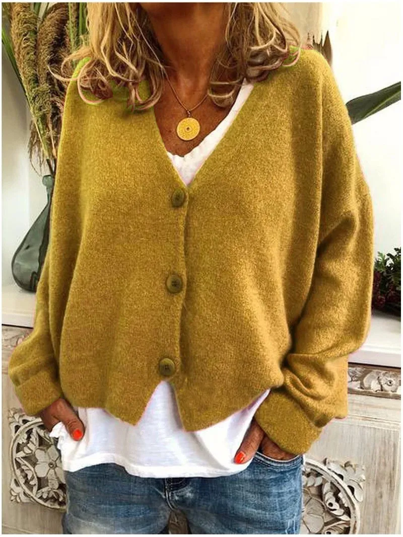 Women's v neck button up cardigan sweater knit solid color oversized sweater